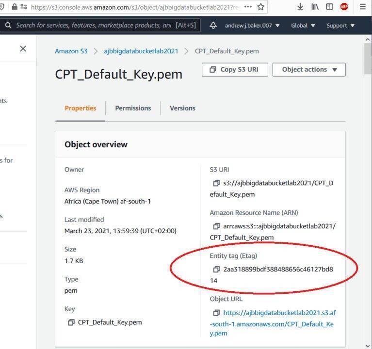 AWS S3 console showing ETag values for uploaded files