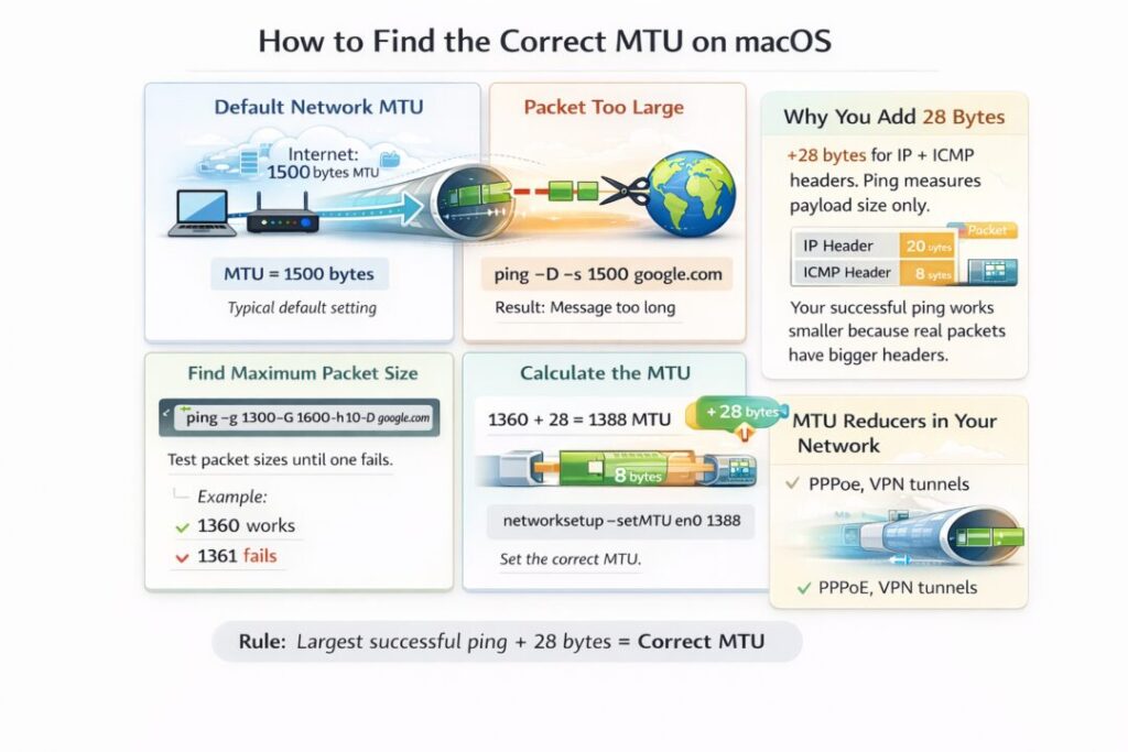 Mac Terminal window showing network interface MTU settings at 1500 bytes