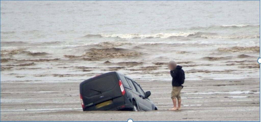 Cartoon car sinking underwater with technology components floating around
