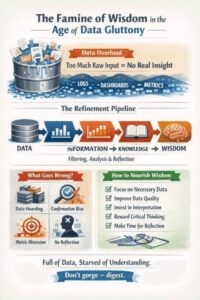 Person overwhelmed by massive stacks of papers and digital screens displaying endless data streams