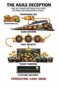 Tangled web of Agile frameworks and ceremonial processes obscuring actual software development