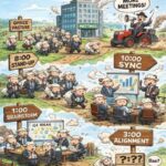 Crowded conference room with too many people around table looking confused