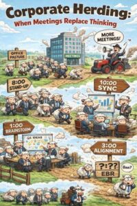 Crowded conference room with too many people around table looking confused