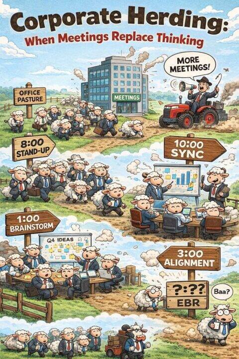 Crowded conference room with too many people around table looking confused