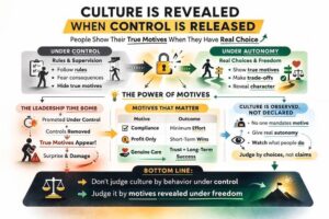 Executive removing chains from employee revealing true workplace culture