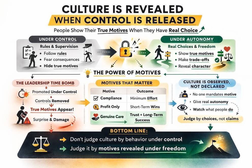 Executive removing chains from employee revealing true workplace culture