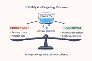Balance scale weighing innovation against stability in engineering process