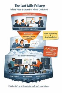 Person presenting to audience while unseen workers labor in background