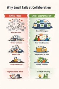 Diagram showing email's limitations as a collaboration tool with branching message threads