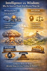 Brain with gears versus wise owl representing intelligence and wisdom contrast