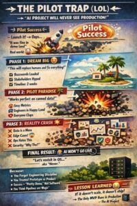 Business executives in boardroom presenting AI pilot project on screen while production remains empty