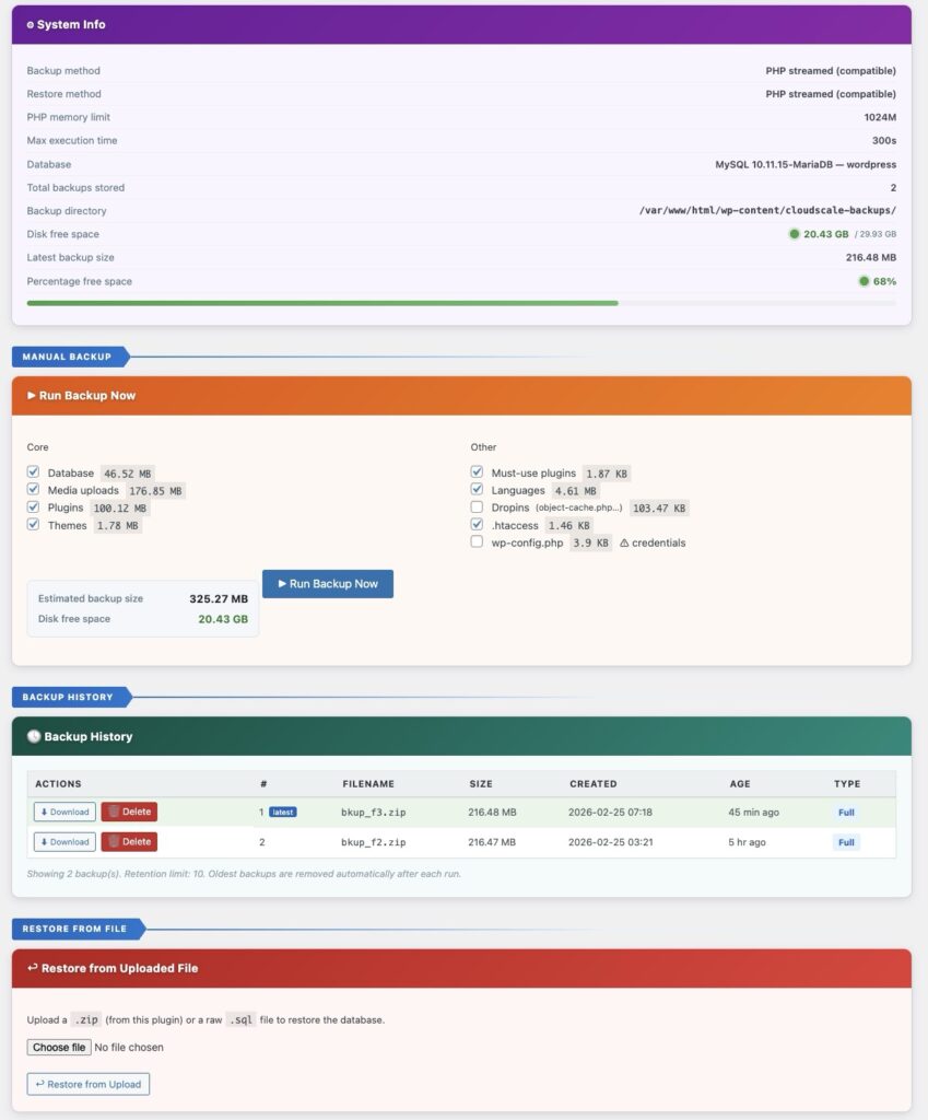 CloudScale Backup plugin interface showing WordPress backup settings and options