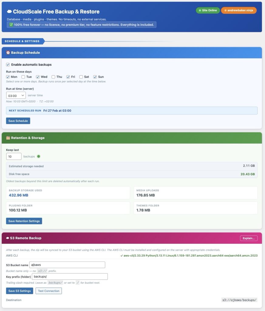 CloudScale Backup plugin interface showing WordPress backup and restore options
