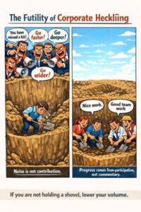 Executive in suit pointing at confused team members during meeting