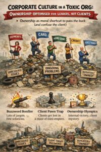 Corporate executives in suits pointing fingers at each other around conference table