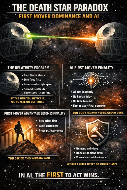 The Death Star Paradox, Relativity, and AI First Mover Finality
