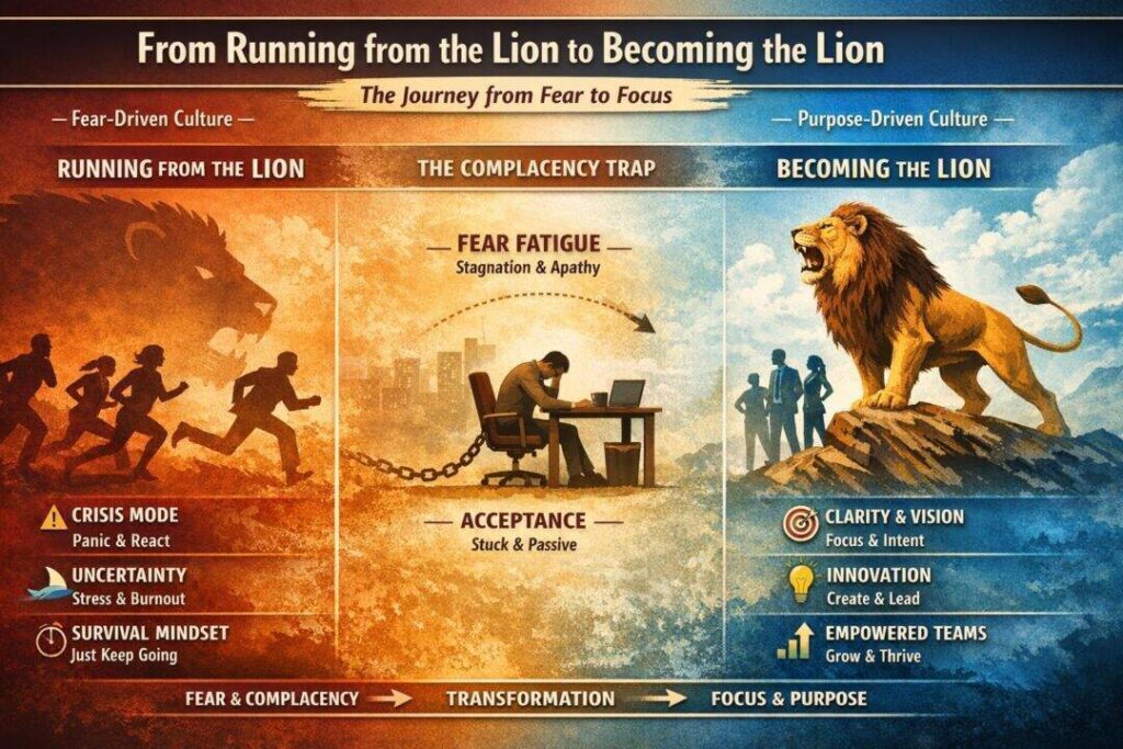 Corporate culture transformation infographic showing evolution from fear-based to dominant leadership mindset