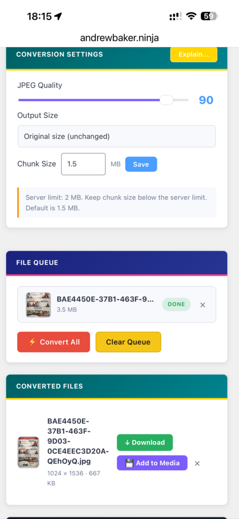 Mobile phone screenshot of WordPress cleanup plugin in use