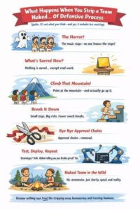 Infographic showing team dynamics and processes stripped away to reveal core work activities
