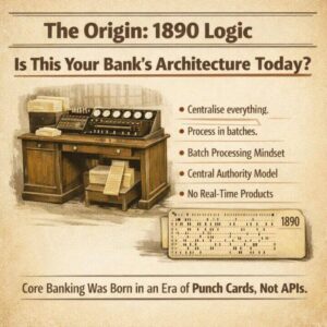 Vintage mainframe computer system representing origin of core banking architecture