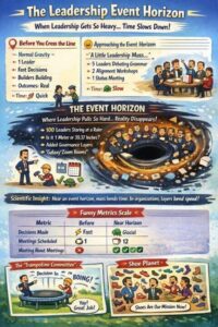 Leadership event horizon infographic showing organizational structure before and after leadership bloat