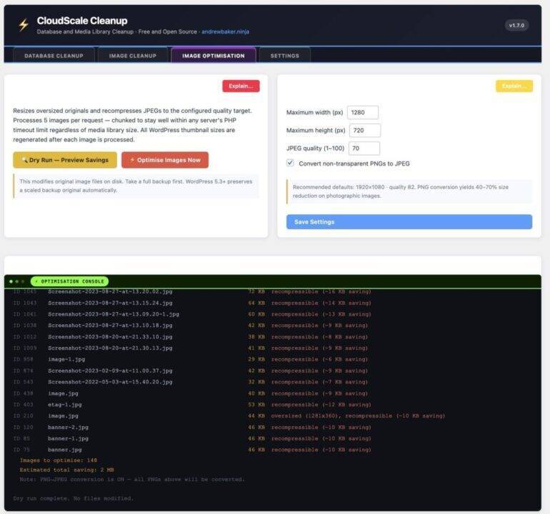 WordPress image optimizer showing PNG to JPEG conversion settings