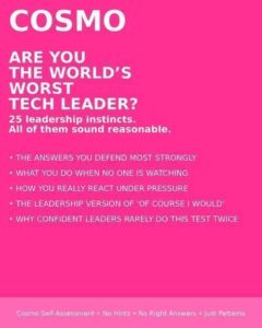 Cosmopolitan-style quiz footer with colorful design and "World's Worst Technology Leader" branding