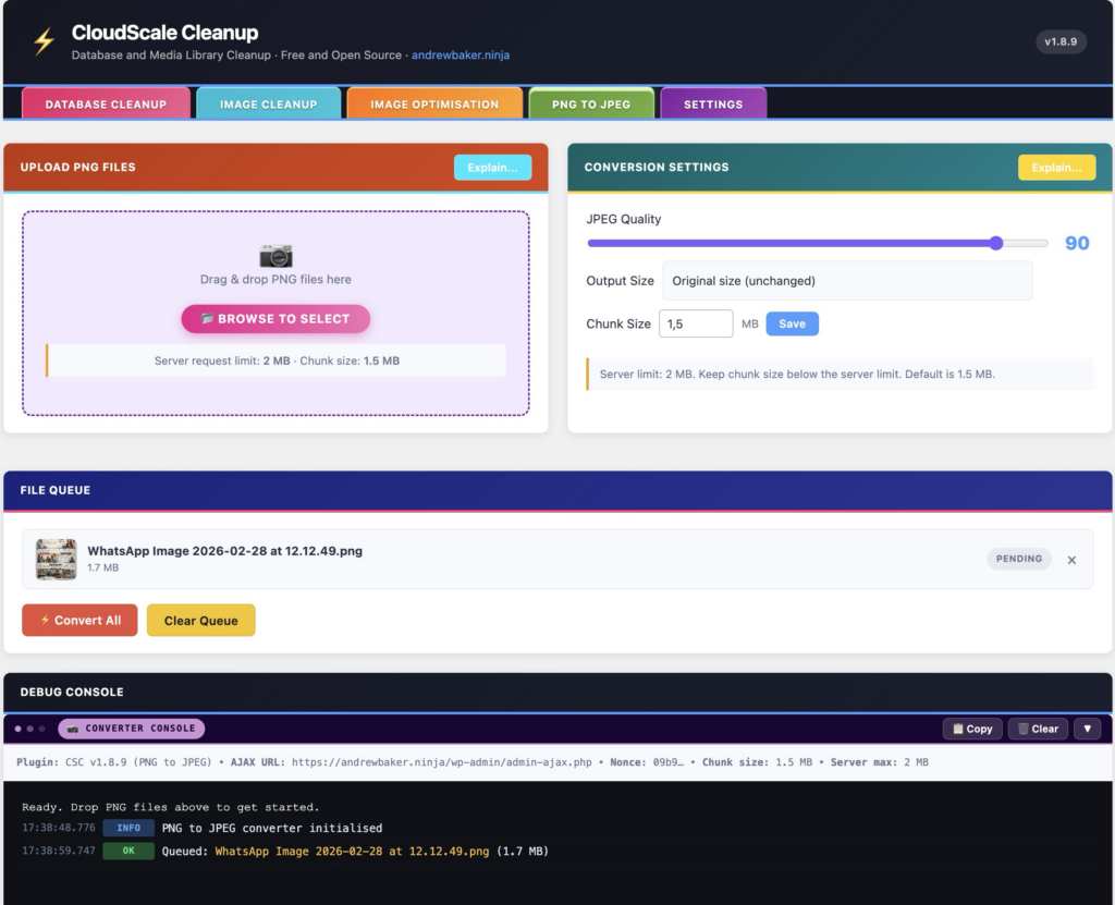 CloudScale Cleanup WordPress plugin interface screenshot