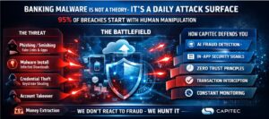 Cybercriminal using laptop with malicious code targeting banking systems