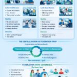 Scales balancing centralization and federation labels, with talent buried beneath