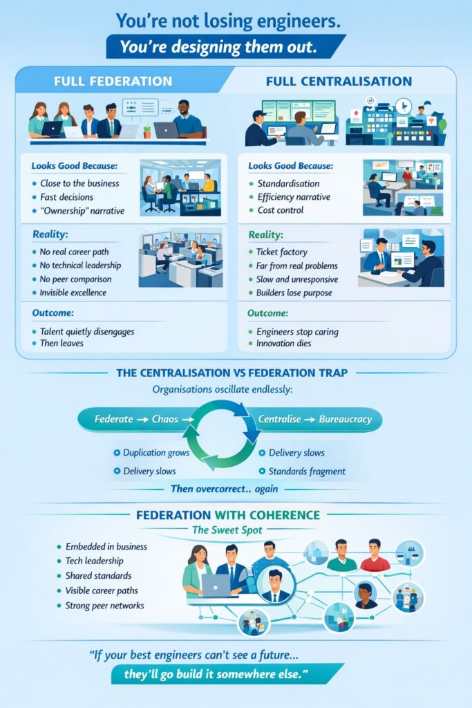 Scales balancing centralization and federation labels, with talent buried beneath