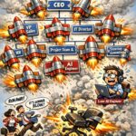 Man attaching rocket booster to classic car in desert setting