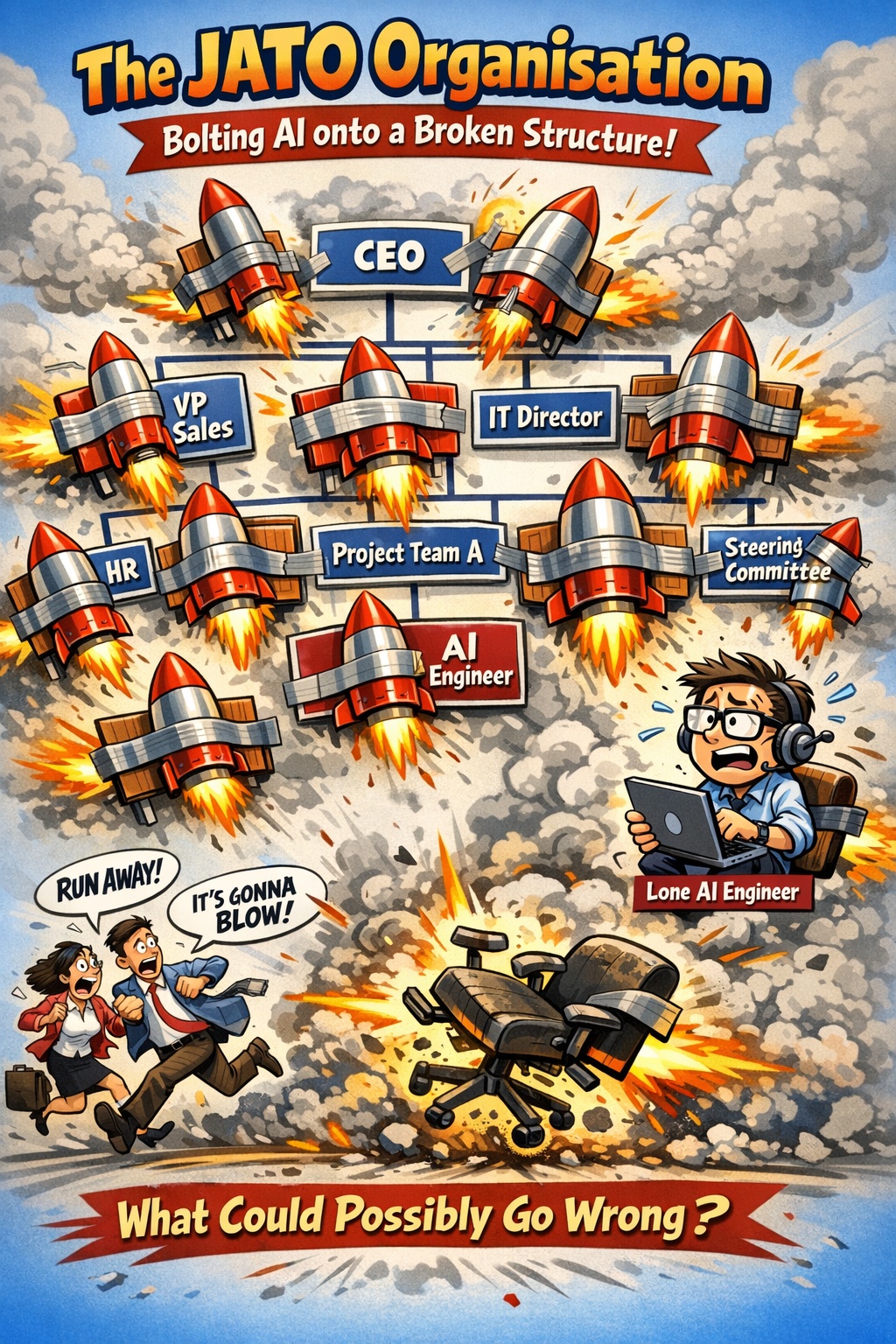 Man attaching rocket booster to classic car in desert setting