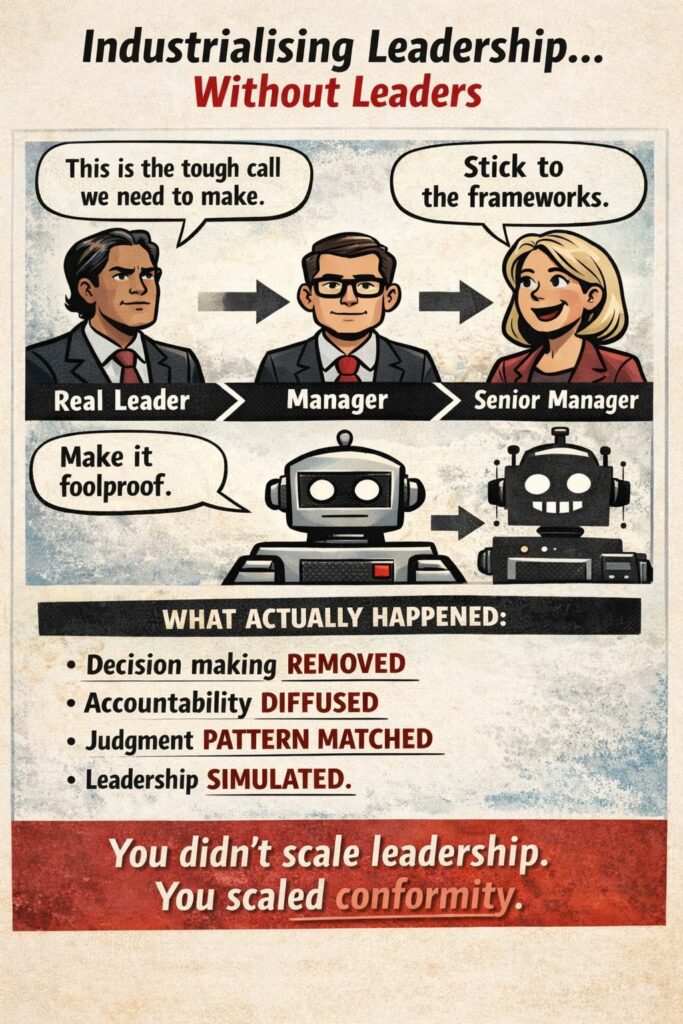 Factory assembly line producing identical robot figures wearing business suits