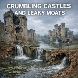 Collapsing digital tower with tech company logos falling from crumbling structure