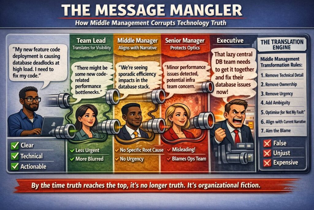 Broken telephone chain illustrating distorted communication through corporate management layers