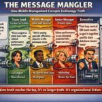 Broken telephone chain illustrating distorted communication through corporate management layers