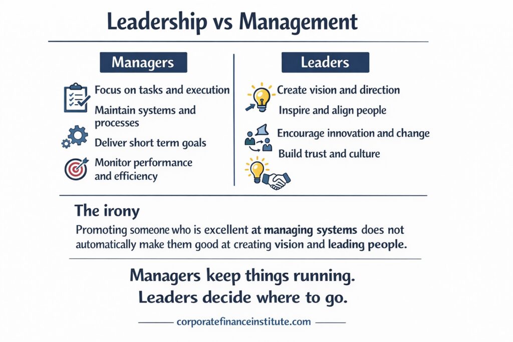 Leadership vs management comparison infographic showing key differences between roles