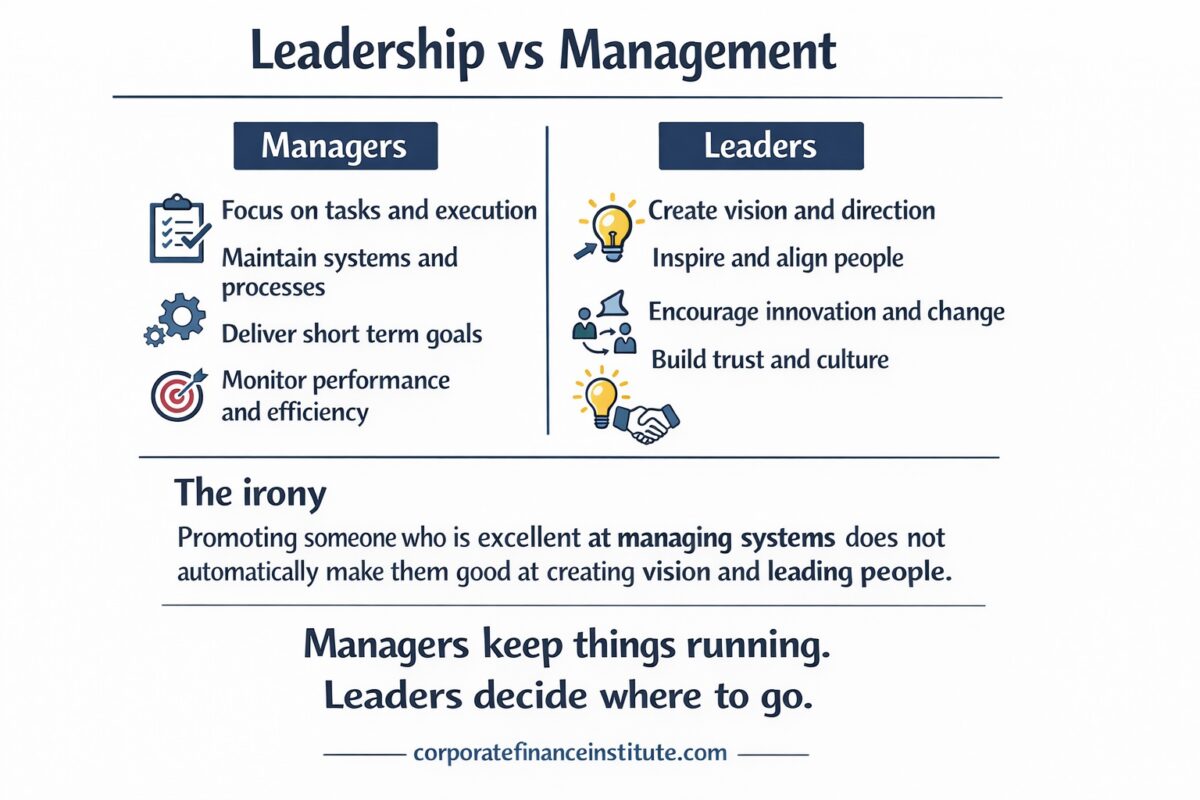 Leadership vs management comparison infographic showing key differences between roles