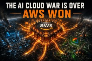 AWS logo triumphant amid defeated cloud competitor logos on battlefield