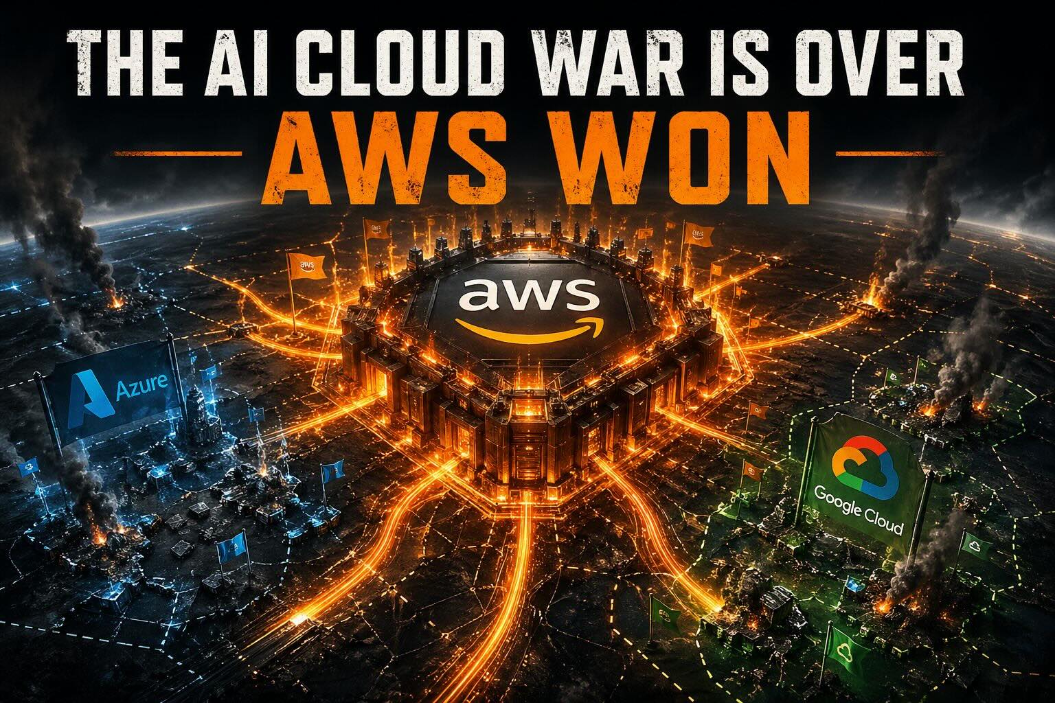 AWS logo triumphant amid defeated cloud competitor logos on battlefield