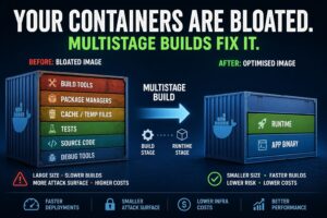 Diagram comparing multistage Docker build layers versus single-stage container architecture