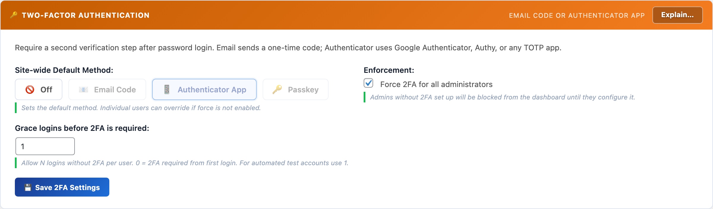 WordPress two-factor authentication settings — email OTP, TOTP authenticator app, and passkeys