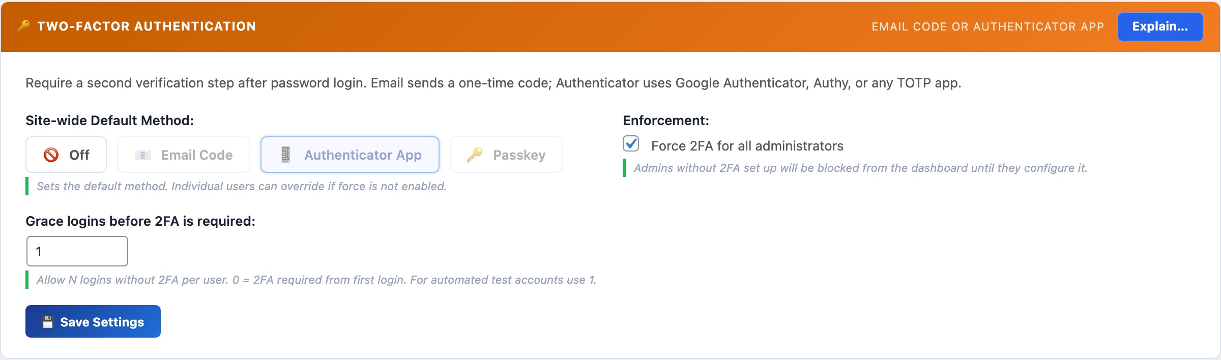 WordPress two-factor authentication settings with email OTP, TOTP authenticator app, and passkeys