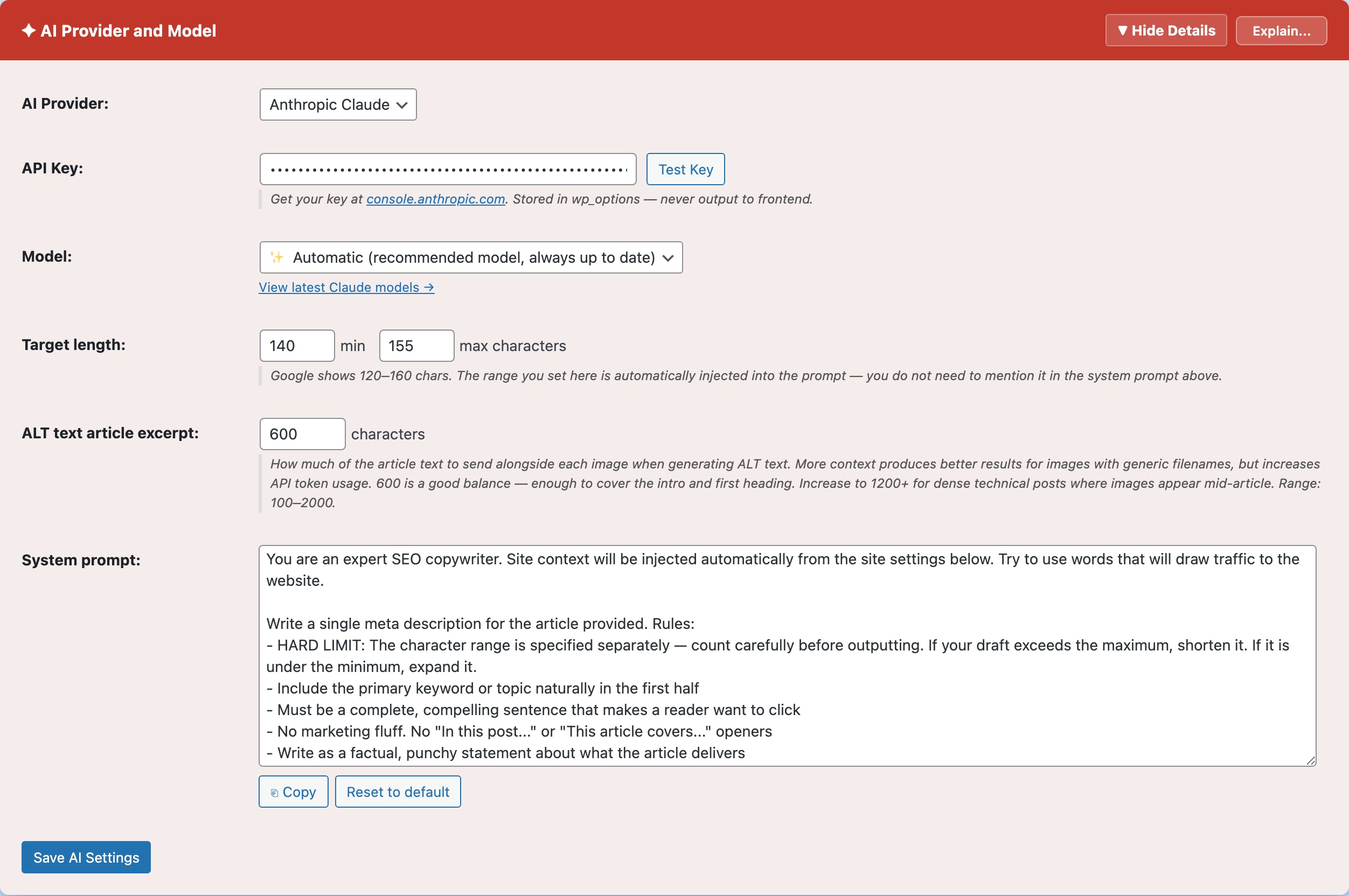 CloudScale SEO AI Optimizer — AI Settings feature screenshot