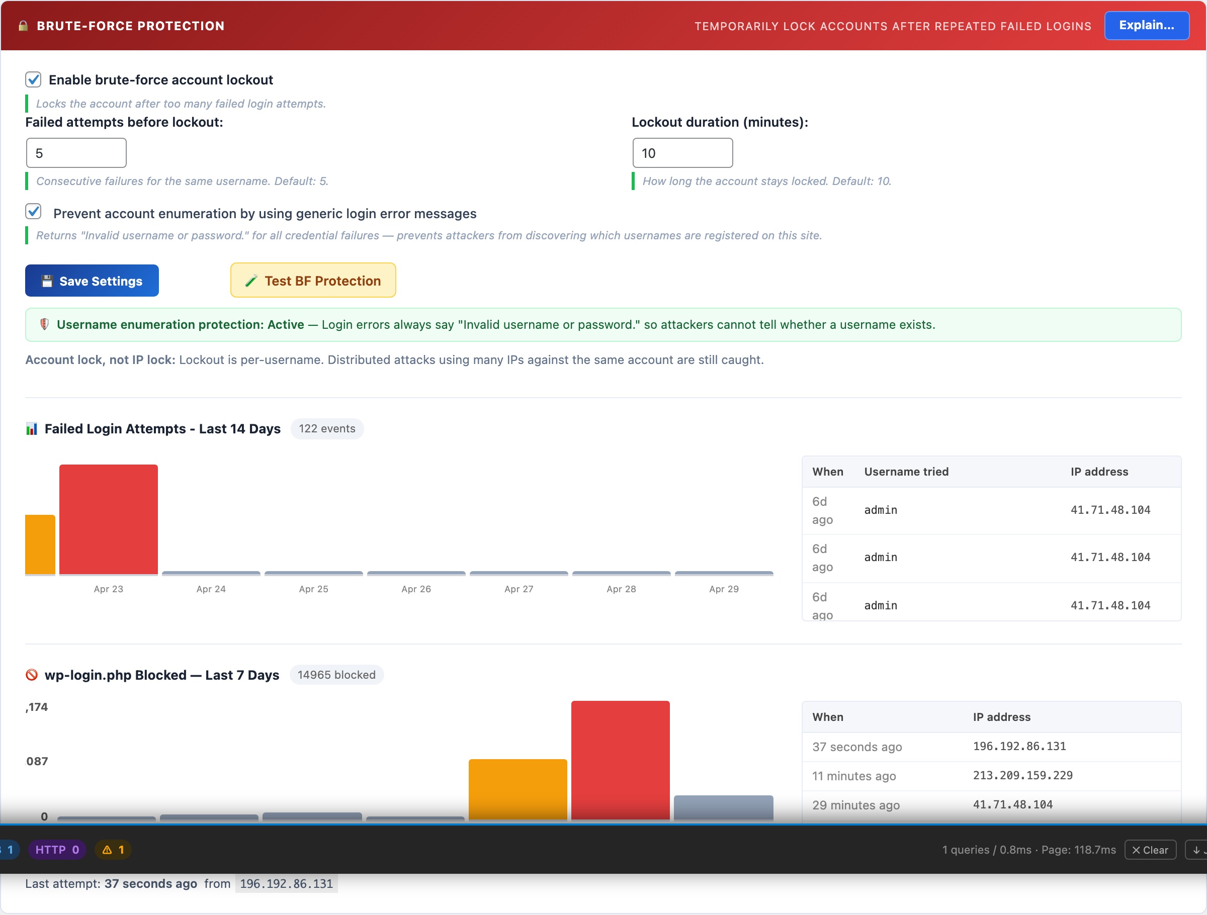 WordPress brute force login protection with account lockout and username enumeration blocking