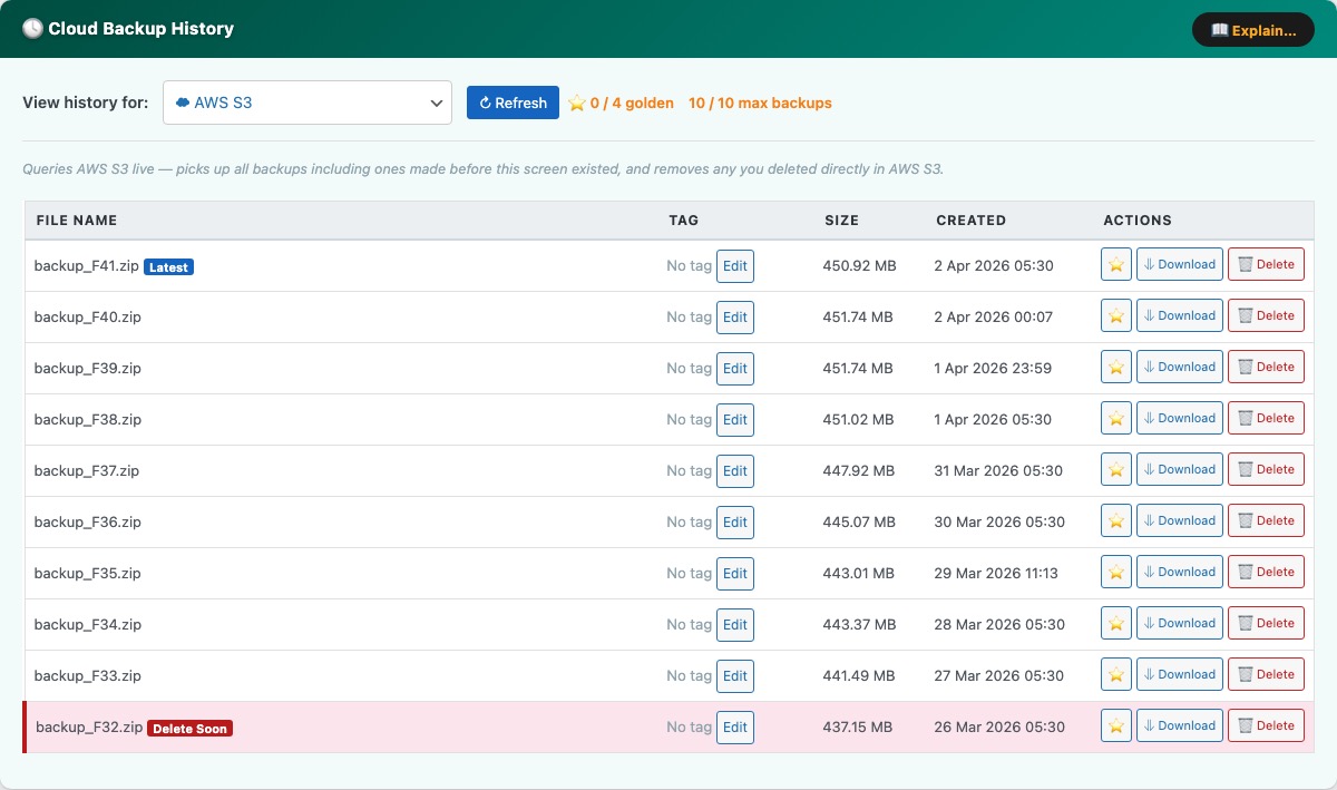 Cloud Backup History