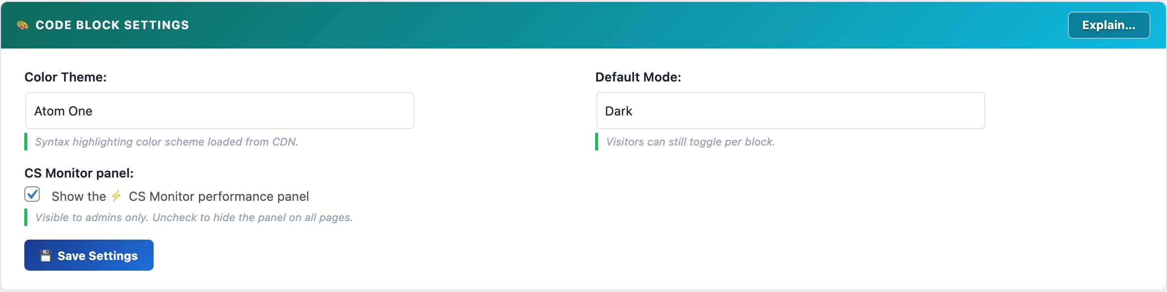 WordPress syntax-highlighted code block settings — 190 languages, 14 themes, no CDN, completely free