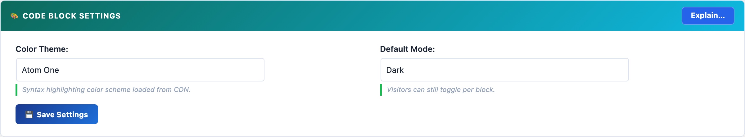 WordPress syntax-highlighted code block settings with 190 languages, 14 themes, no CDN, completely free