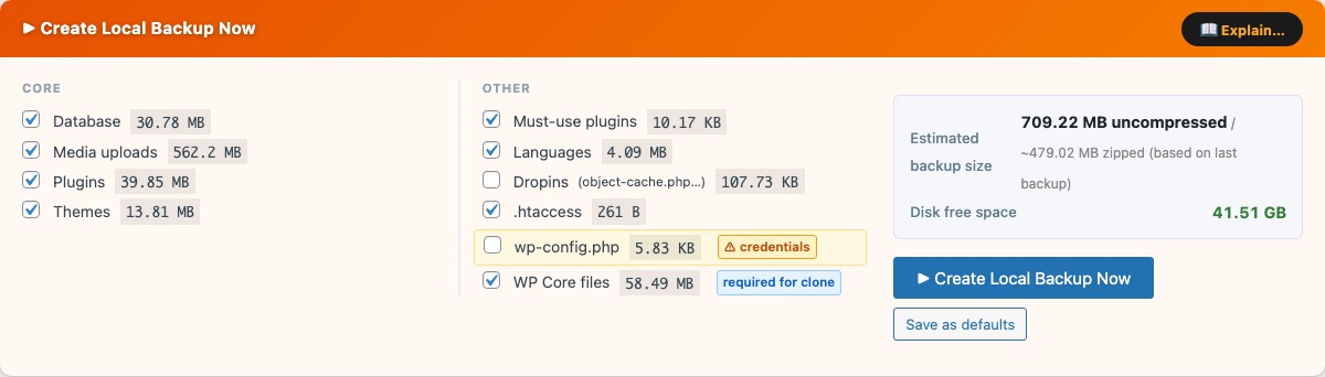 Create Local Backup Now